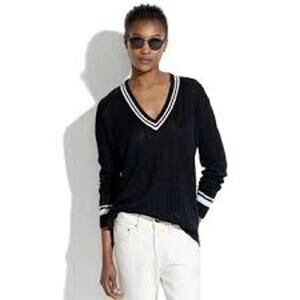 Madewell Linen Varsity V-Neck Sweater Black White Small
